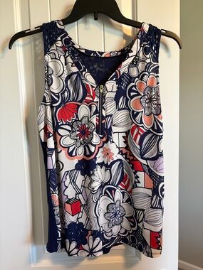 Express Floral Zip-Front Sleeveless Top - Navy / Coral / White